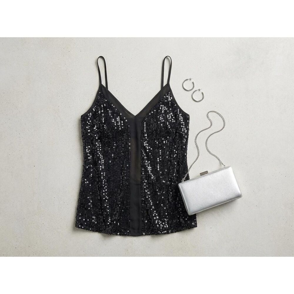❤️Sequin Tback Cami Womens Small Black Sequin Vneck Party Night Sparkle❤️ - Picture 3 of 12
